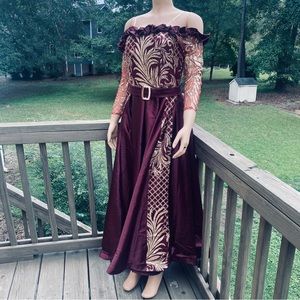Gorgeous Burgundy drop shoulder wedding party prom dress